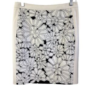 PER SE Women's Ivory & Black Floral Panel Knee Length Pencil Skirt Sz 4